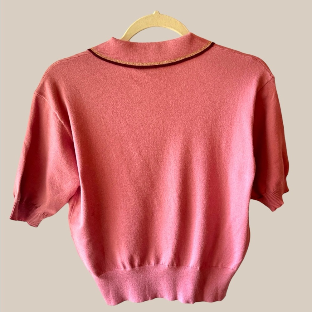 Dusty Rose Pink Short-Sleeve Polo Sweater with Gold Trim - Picture 2 of 3